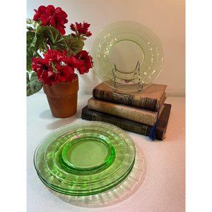 Vintage Anchor Hocking Green Vaseline Optic Block Uranium Glass Plates Set of 4